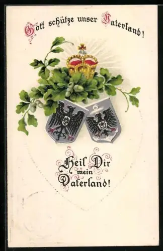 Lithographie Gott schütze unser Vaterland! - Krone, Eichenlaub, Wappen