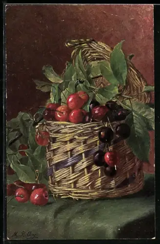 Künstler-AK M. Billing: Korb voller Kirschen, Stilleben