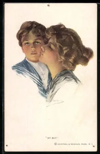 Künstler-AK Philip Boileau: My Boy. Mädchen herzt ihren Bruder