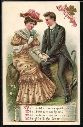 Lithographie Liebespaar auf einem Baumstamm am sitzen