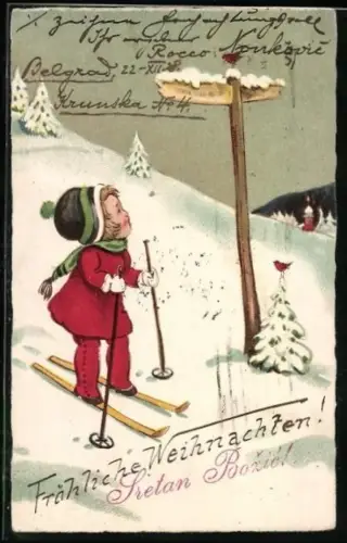 AK Rot gekleidetes Kind läuft Ski und überbringt Weihnachtsgrüsse