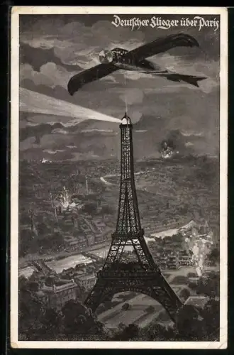 AK Paris, Flugzeug, Deutscher Flieger bei einem Bombenangriff über dem Eiffelturm