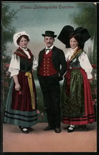 AK Elsass-Lothringische Trachten, Mann und Frauen
