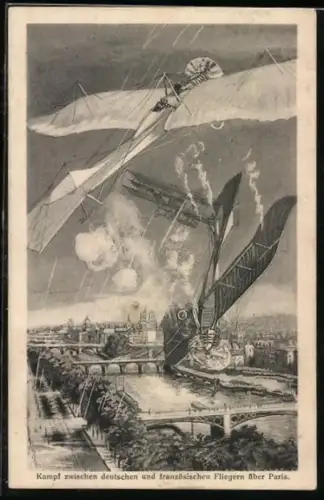 Künstler-AK Paris, Kampf zwichen deutschen und französischen Flugzeugen über der Seine