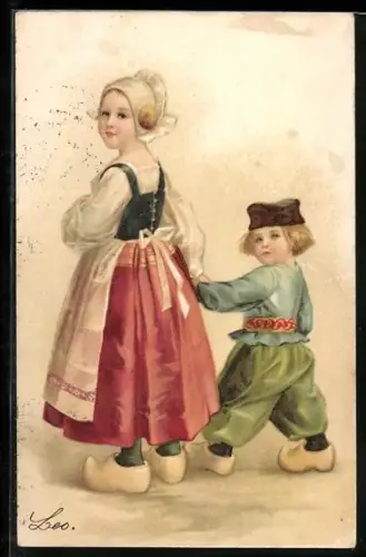 Lithographie Zwei niederländische Geschwister in ihrer Volkstracht