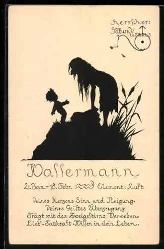 AK Sternzeichen Wassermann im Scherenschnitt, 21. Januar bis 18. Februar, Eigenschaften von Wassermannmenschen, Gedicht