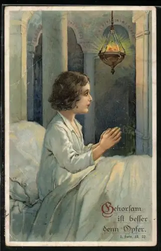 AK Kind sitzt im Bett und hat die Hände zum Gebet gefaltet, Gehorsam ist besser denn Opfer