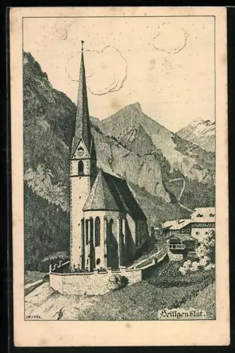 Künstler-AK Ulf Seidl: Heiligenblut, Ortschaft mit Kirche