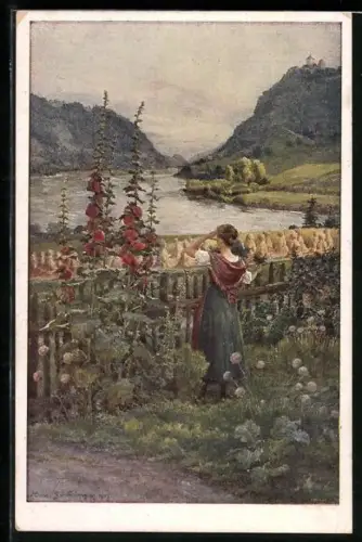 Künstler-AK Hans Götzinger: An der Donau, Frau blickt aus ihrem Garten auf das Wasser