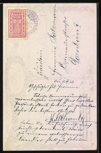 Künstler-AK Hans Götzinger: An der Donau, Frau blickt aus ihrem Garten auf das Wasser