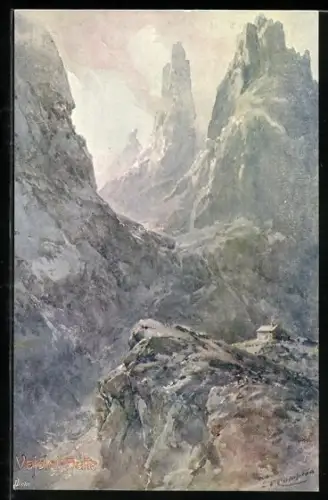Künstler-AK Edward Theodore Compton: Vajolet-Hütte, Ansicht der Berge mit der Berghütte