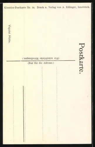 Künstler-AK Edward Theodore Compton: Vajolet-Hütte, Ansicht der Berge mit der Berghütte