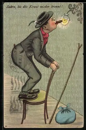 AK Vagabund zündet sich an einer Glühlampe die Zigarre an