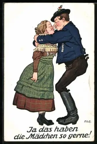 Künstler-AK P. O. Engelhard (P.O.E.): Mann umarmt eine Frau zum Kuss