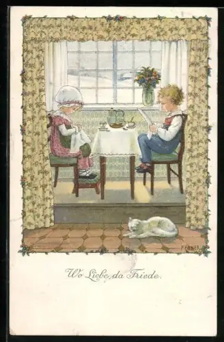 Künstler-AK Pauli Ebner: Wo Liebe da Friede, Kinder sitzen am Tisch, schlafende Katze