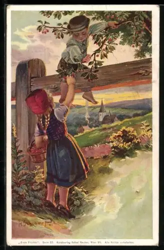 Künstler-Lithographie H. Schubert: Erste Früchte, Kinder pflücken Kirschen
