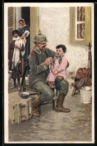 Künstler-AK Ernst Heilemann: Deutscher Soldat teilt seine Suppe mit feindlichem Kind, Propaganda