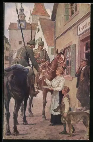 Künstler-AK Ein Trunk im Bügel, Kavallerie-Patrouille trinkt Bier vor einem Wirtshaus