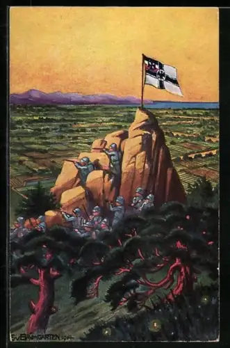 Künstler-AK Tsingtau, Kolonialkrieger auf Beobachtungsposten