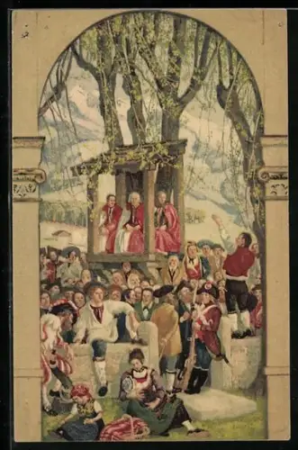 Künstler-AK Schweizer Bundesfeier 1918, Für unsere Soldaten, Predigt unter freiem Himmel