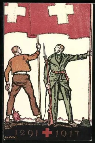 Künstler-AK Schweizer Bundesfeier 1917, Soldat und Bauer halten schweizer Fahne hoch