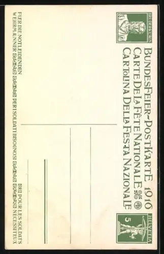 AK Schweizer Bundesfeier 1916, Römischer Soldat brandschatzt, Frau mit Getreide von H.C. Fourtier