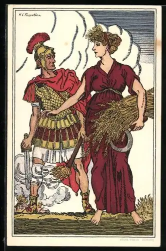 AK Schweizer Bundesfeier 1916, Römischer Soldat brandschatzt, Frau mit Getreide von H.C. Fourtier