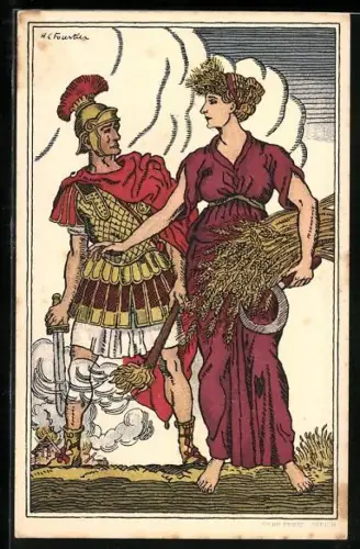 AK Schweizer Bundesfeier 1916, Römischer Soldat brandschatzt, Frau mit Getreide von H.C. Fourtier