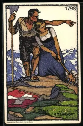 Künstler-AK Schweizer Bundesfeier 1913, Liebespaar auf einem Berg