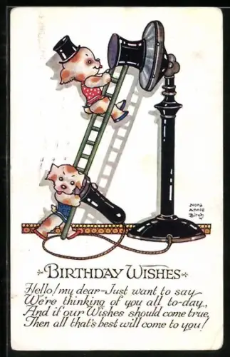 Künstler-AK Nora Annie Birch: Birthday Wishes, Kleine Hunde am Telefon