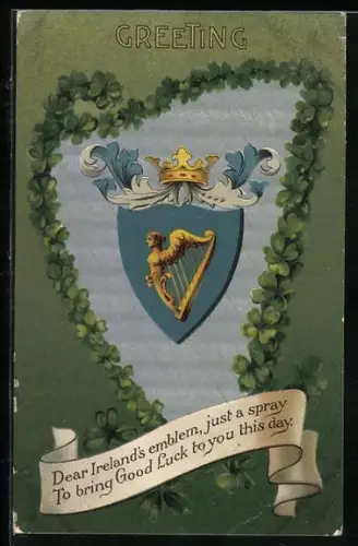 AK Wappen Irlands, Eingerahmt durch Kleeblätter