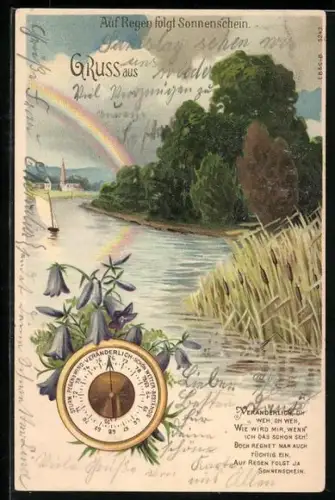AK Auf Regen folgt Sonnenschein, Landschaftsmotiv mit Regenbogen