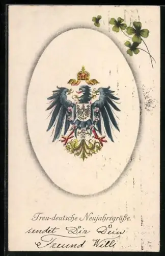 AK Adler mit Wappen, Kleeblätter, Neujahrsgruss