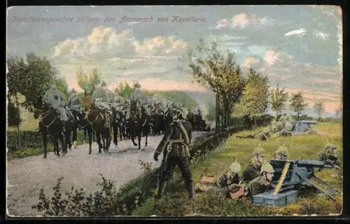 AK Soldaten sichern mit Maschinengewehr 08 /15 den Anmarsch der Kavallerie