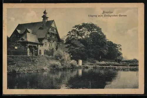 AK Breslau, Eingang zum zoologischen Garten über den Teich hinweg gesehen