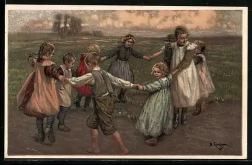 Künstler-AK Kinder beim Ringelreihen in weiter Landschaft
