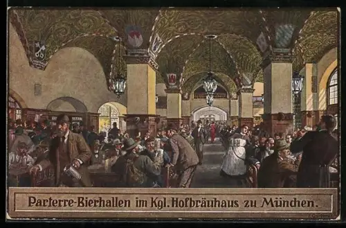 Künstler-AK Fritz Quidenus: München, Münchner Hofbräuhaus, Parterre-Bierhallen, Innenansicht