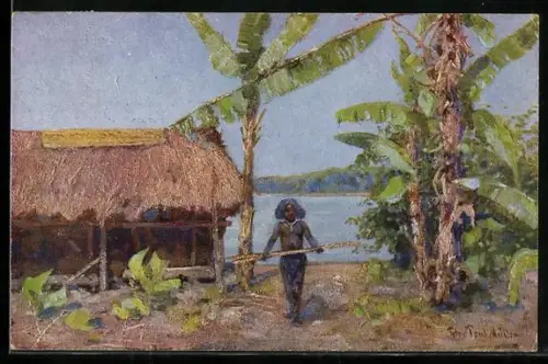 Künstler-AK sign. Prof. Peter Paul Müller: Hütte in Papua Neuguinea