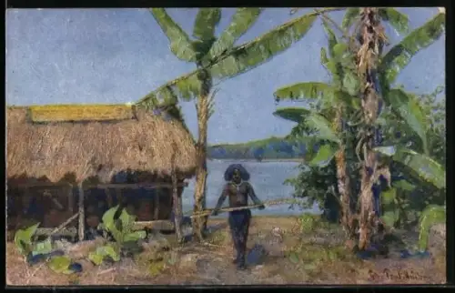 Künstler-AK sign. Peter Paul Müller: Papua Neuguinea, Eingeborener steht vor seiner Hütte