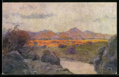 Künstler-AK Deutsch-Südwestafrika, Steppenlandschaft mit Bergen