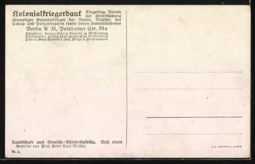 Künstler-AK Deutsch-Südwestafrika, Steppenlandschaft mit Bergen