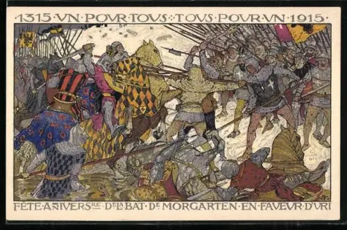 AK Morgarten, Fête Anniversaire de la Bataille de Morgarten en Faveur d`Uri 1315-1915, Kampfszene