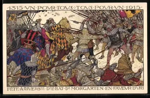 AK Morgarten, Fête Anniversaire de la Bataille de Morgarten en Faveur d`Uri 1315-1915, Kampfszene