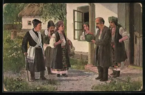 AK Russische Männer und Frauen betrachten Wassermelone