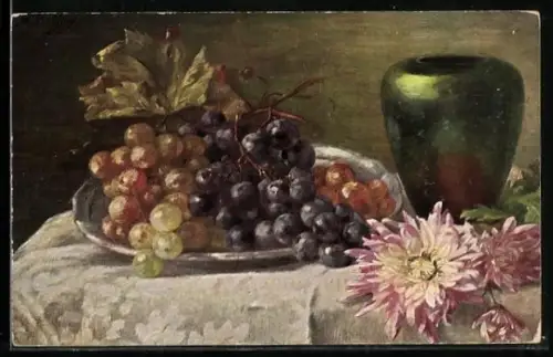 Künstler-AK M.Billing: Weintrauben auf einem Teller, Stillleben