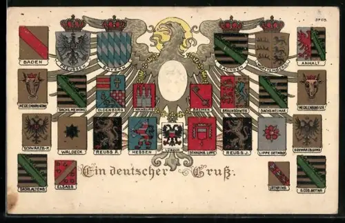 Künstler-AK Bruno Bürger & Ottillie Nr. 3705: Kaiser Wilhelm II., Wappen der deutschen Mitgliedsländer