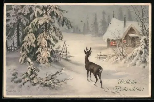 Künstler-AK R. Ulreich: Rehbock abends in winterlicher Landschaft, Weihnachtsgruss