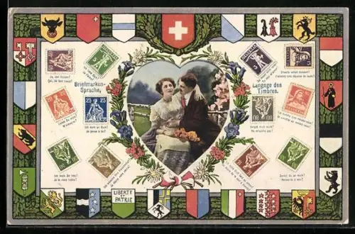 AK Briefmarkensprache / Langage de Timbre, Liebespaar im Herz aus Alpenblumen, Wappen der Kantone