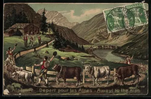 Lithographie Alpfahrt, Almauftrieb, Rinder