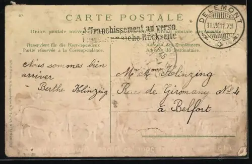 Lithographie Alpfahrt, Almauftrieb, Rinder